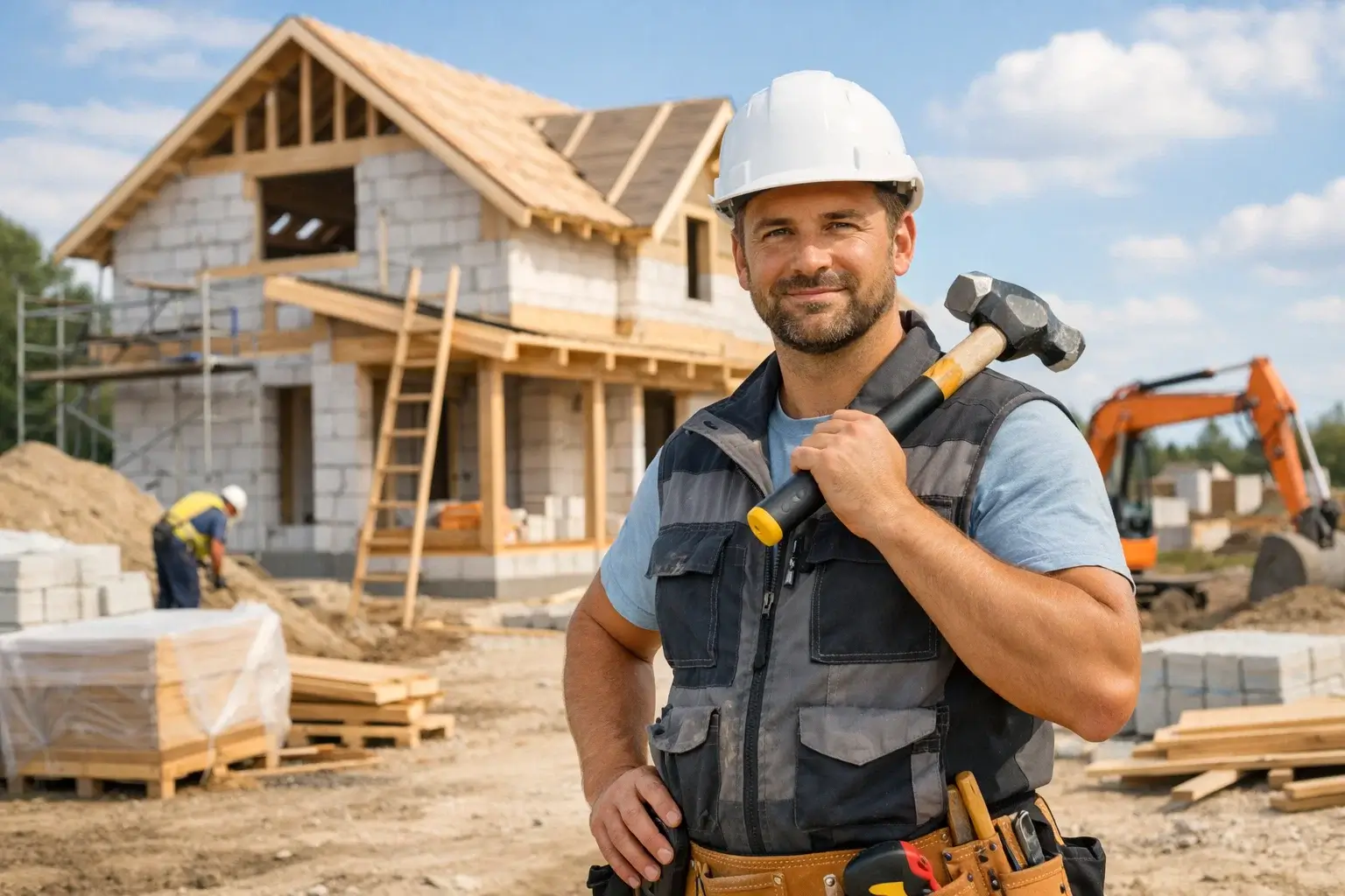 строитель с инструментом на фоне дома в процессе строительства