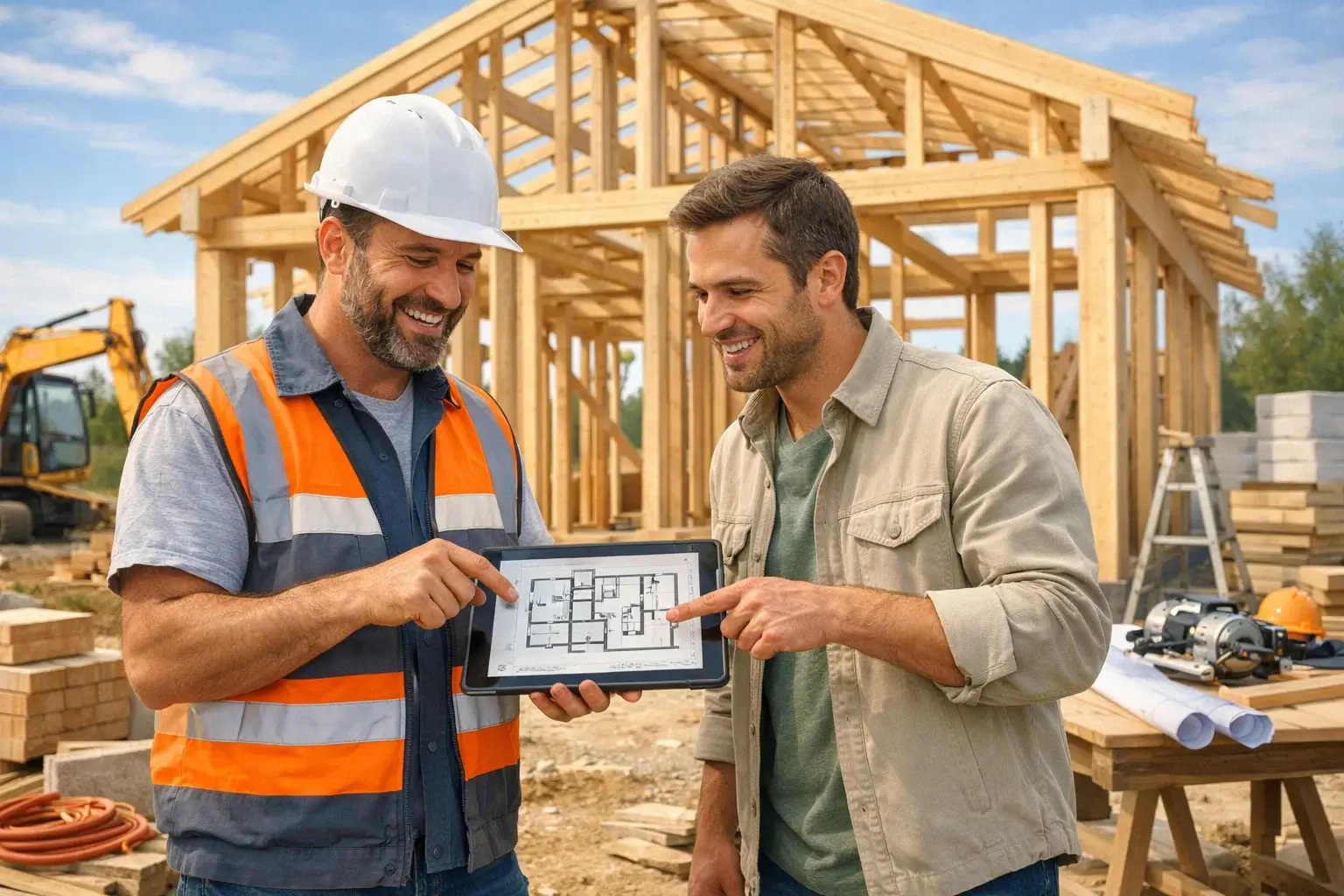 прораб обсуждает проект дома с клиентом на стройке